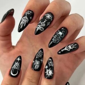 2/$10 Black Stiletto Nails with White Gothic Mystical Art